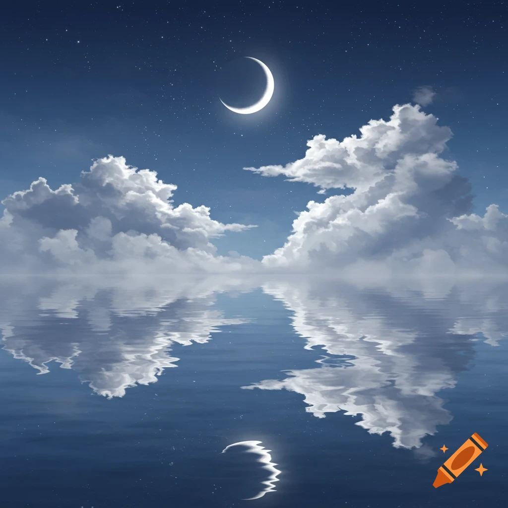 A crescent moon shines in a star-filled night sky above fluffy clouds reflected in calm water.