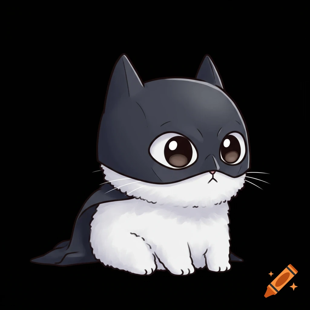 A cute, fluffy white cat with large eyes wearing a dark grey Batman mask on a black background, in a kawaii cartoon style.