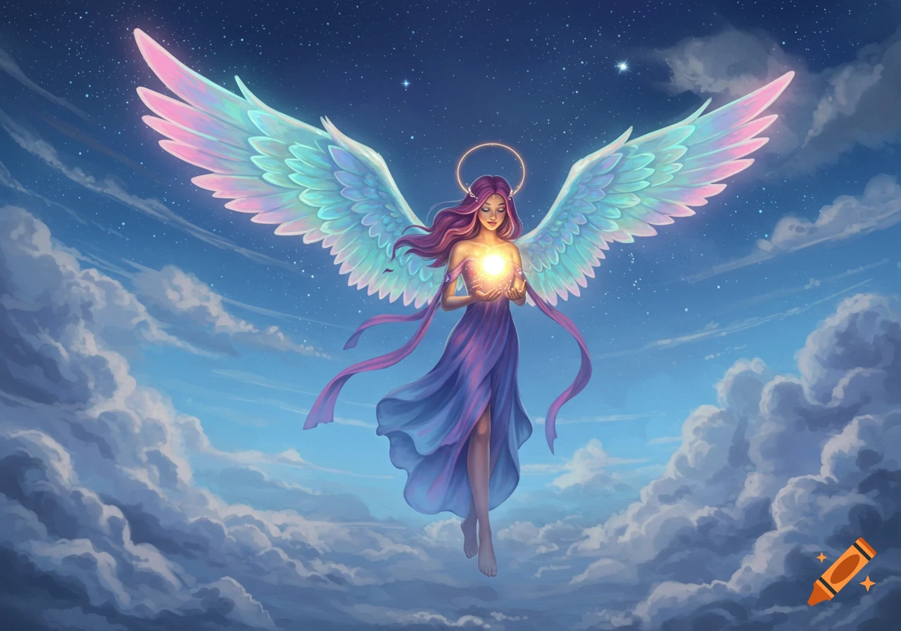 A purple-haired angel with glowing rainbow wings and a halo floats among clouds and stars, holding a bright light.