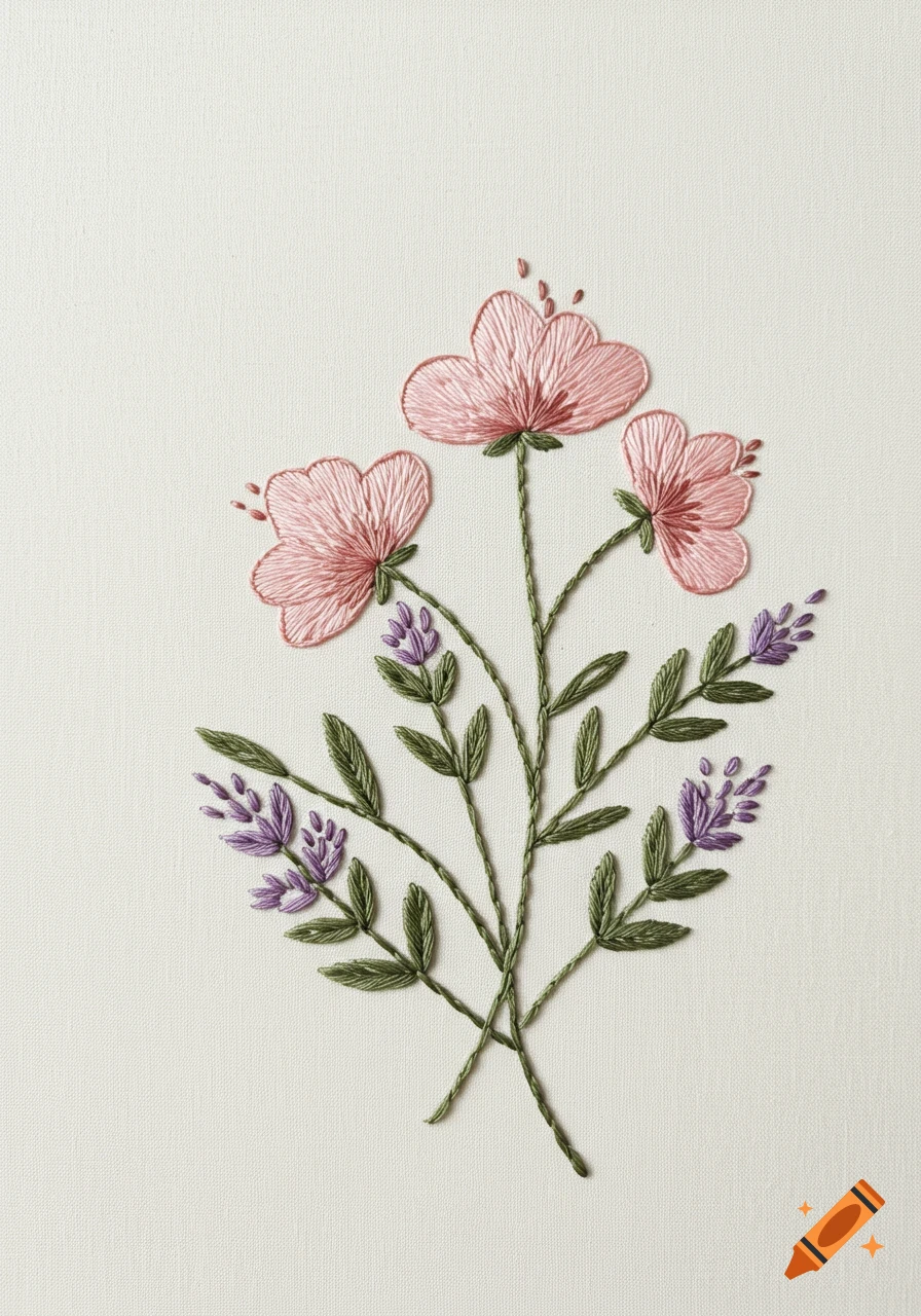Minimalist embroidery of a bouquet with pink flowers and purple lavender on a light fabric background.