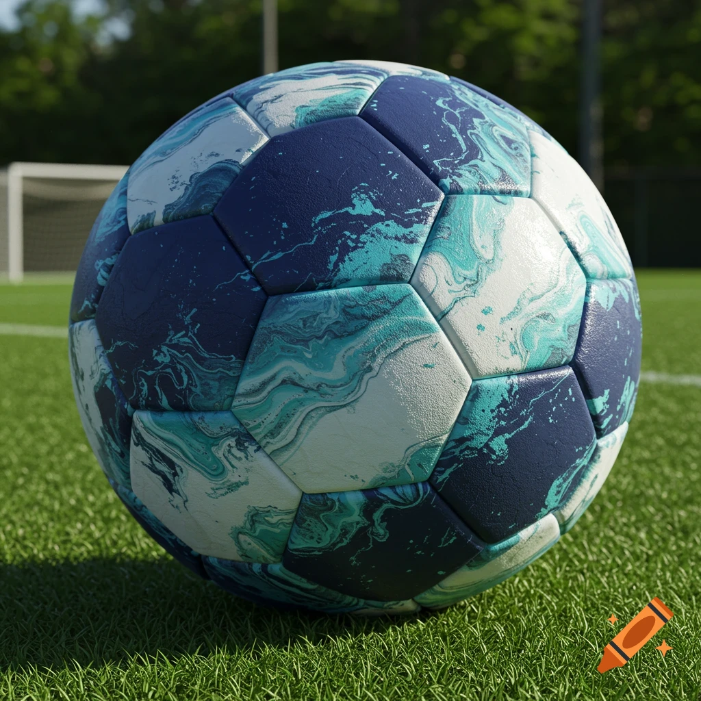 A navy, teal, and white sponge-painted soccer ball rests on a green grass field with a goal in the blurred background.