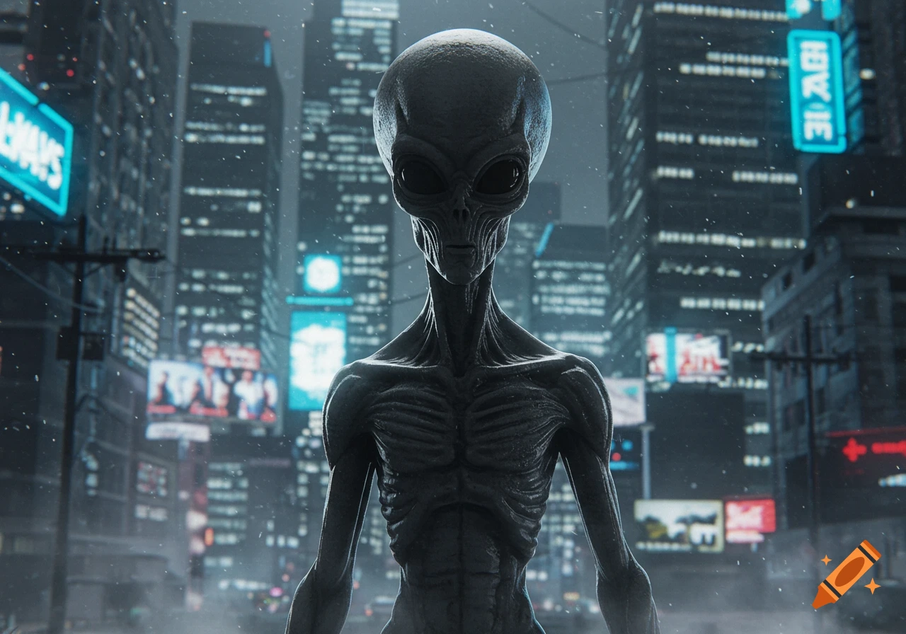 A grey alien with a small face and prominent head stands in a futuristic, rainy city at night, with neon signs glowing on tall buildings.