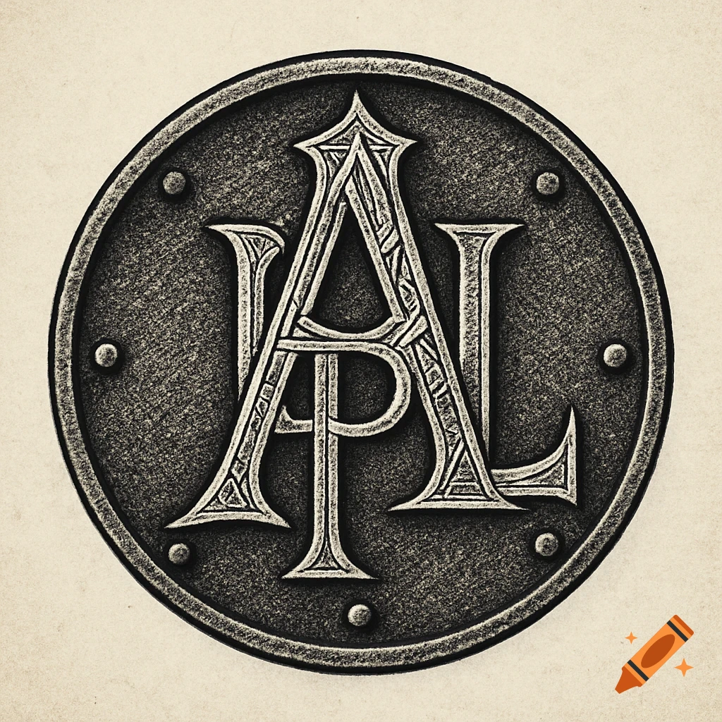 Ornate, dark medieval monogram of letters APL in a round, metallic stamp against a light background.