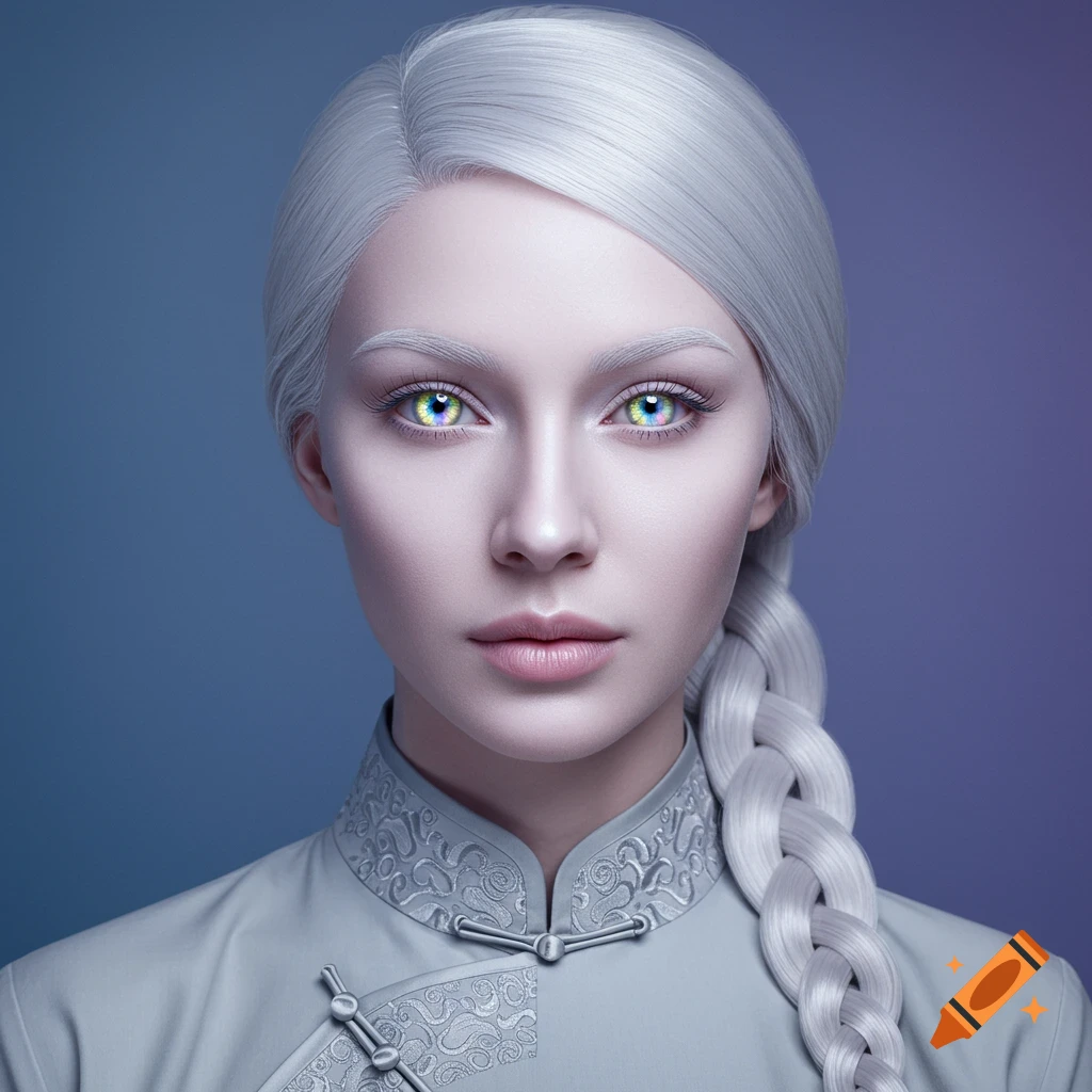 A woman with shimmery white hair and rainbow irises in a light grey embroidered mandarin collar shirt.