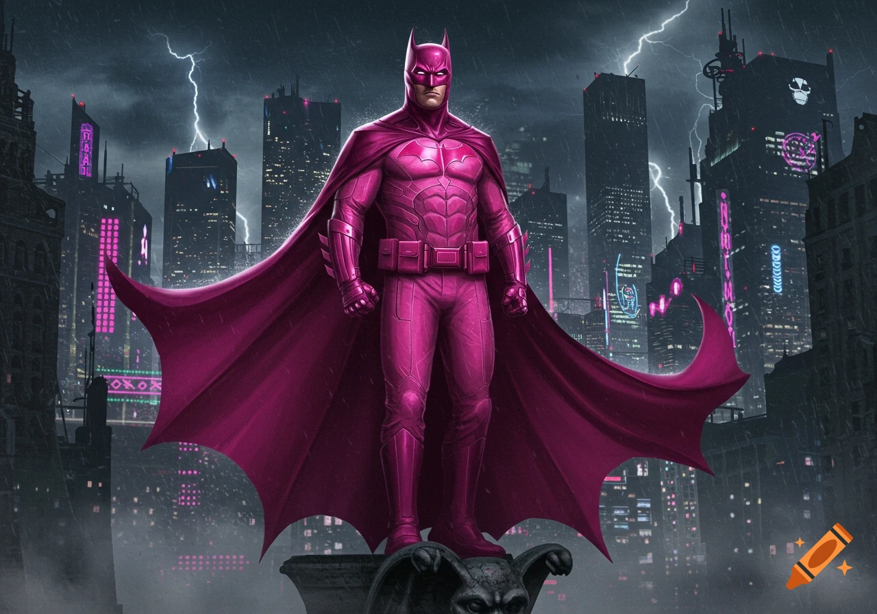 Pink-suited Batman stands on a gargoyle in a dark, neon-lit, stormy cyberpunk city.