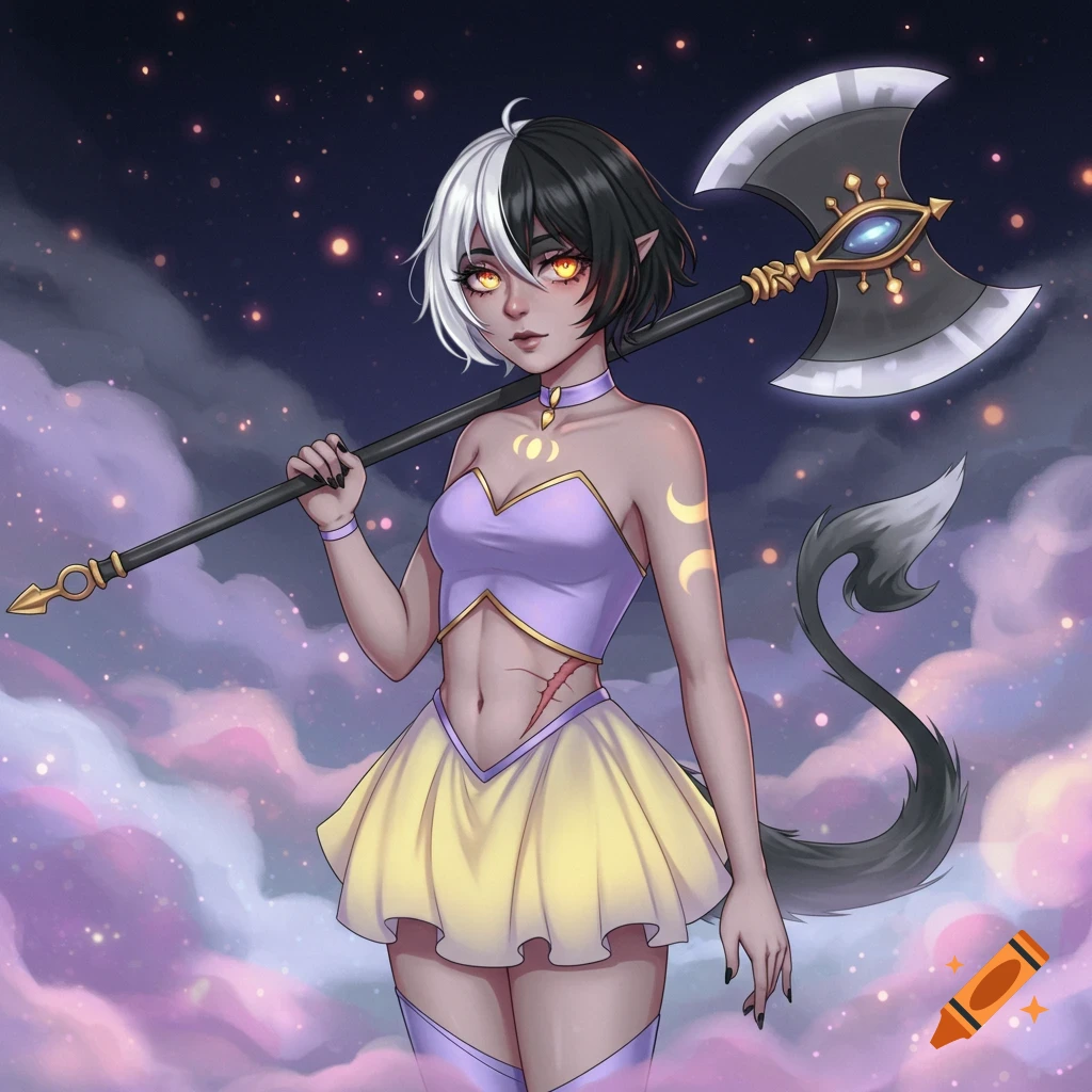 An anime-style fantasy girl with split black and white hair, orange eyes, and a tail, holding a stylized axe, standing in purple clouds under a starry night sky.