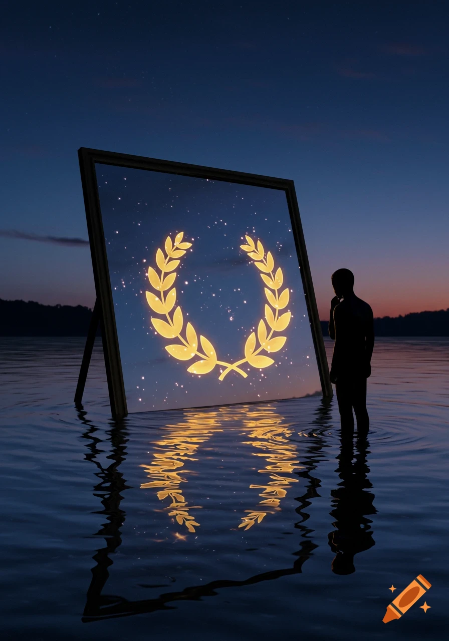 A person's silhouette stands in water at dusk, gazing at a mirror reflecting a glowing golden laurel wreath and starry sky.