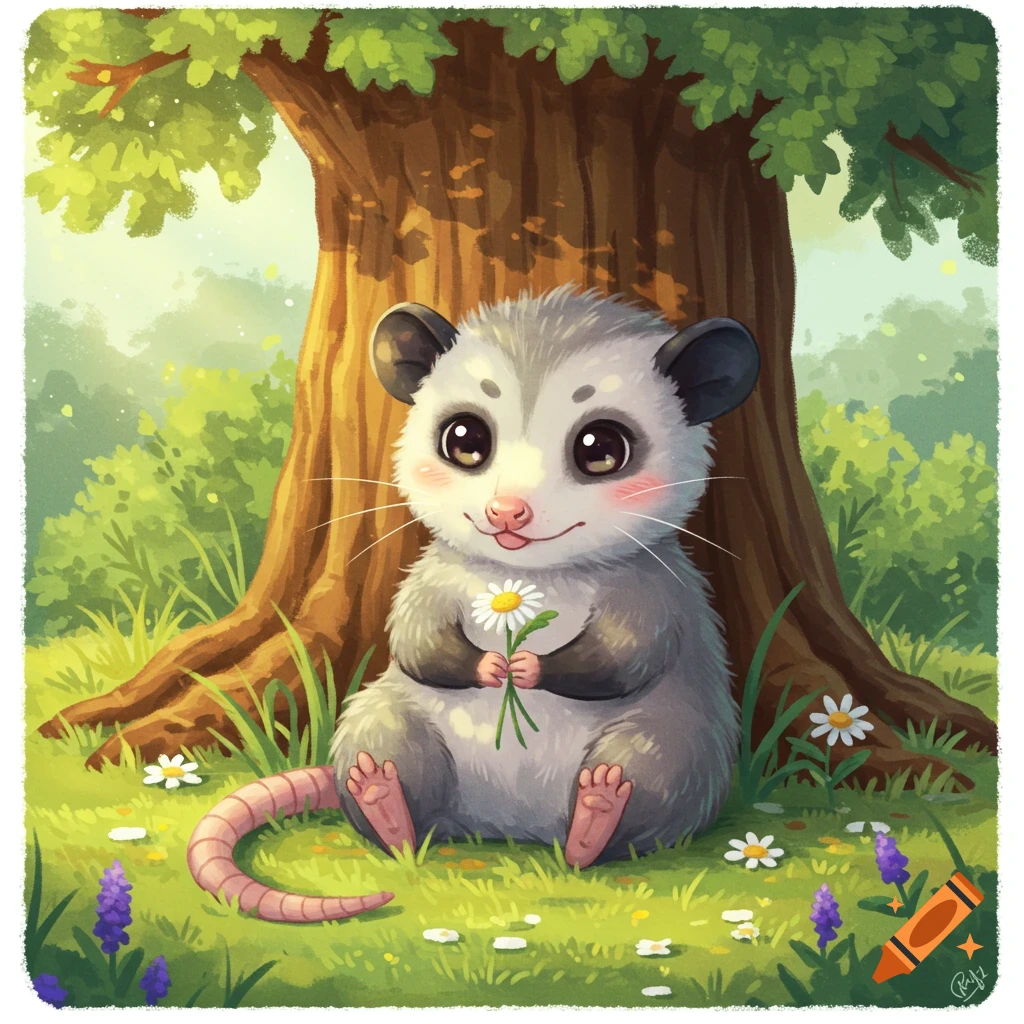 A cute chibi opossum illustration, sitting in green grass under a tree, holding a white daisy.