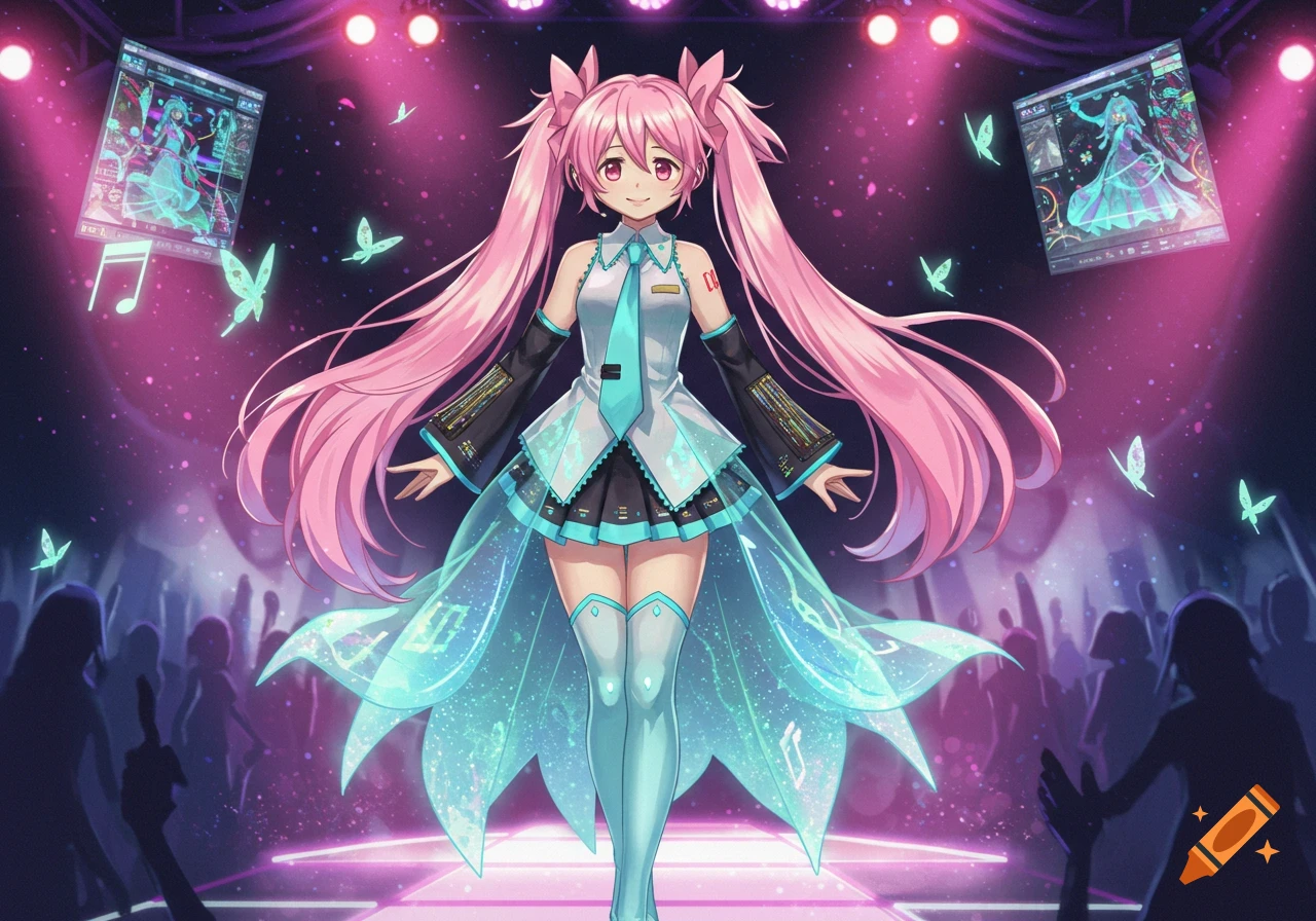 An anime girl with long pink pigtails and a teal and black outfit stands on a stage with glowing screens and butterflies, performing in front of an audience.