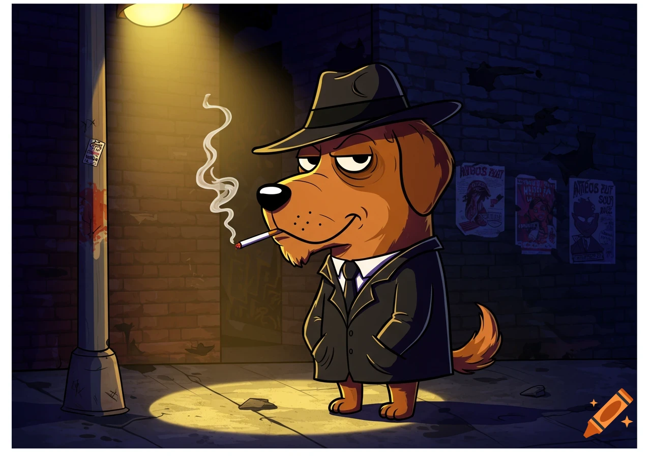 A cartoon dog in a trench coat and fedora smokes a cigarette under a street lamp in a dark alley.