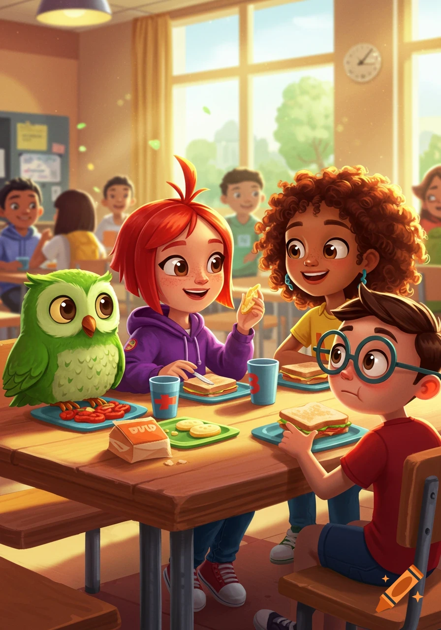 Cartoon of Duolingo characters and diverse children eating lunch in a sunny school cafeteria.