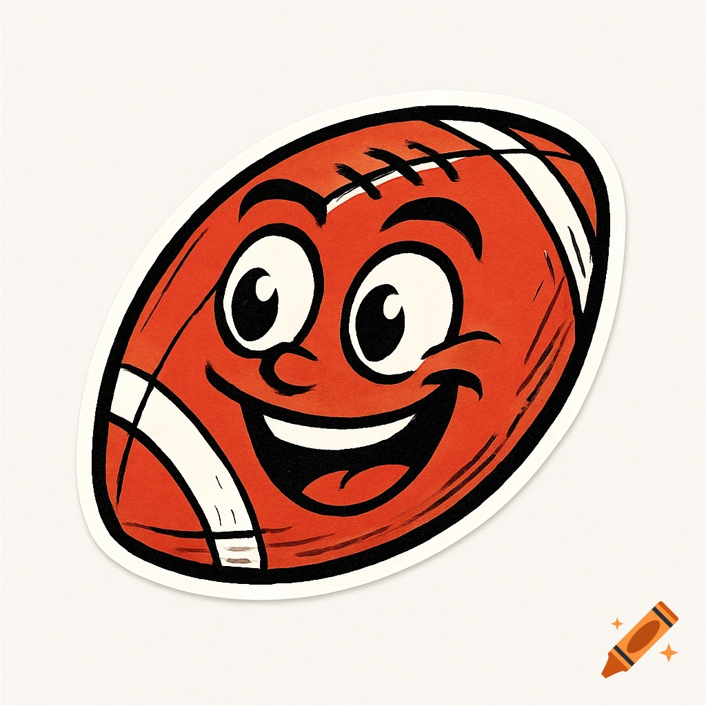 A cute, funny, red cartoon football logo in a sketchy vector style, with big eyes and a smiling mouth, on a white background.