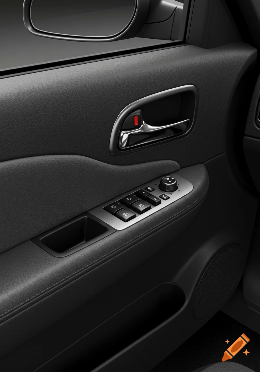 Close-up of a dark gray car door panel with chrome handle, window controls, and mirror adjustment knob.