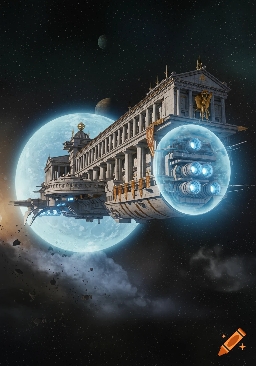 A grand Roman-style spaceship with columns and a golden eagle flies past a large glowing blue planet and smaller celestial bodies in dark space.