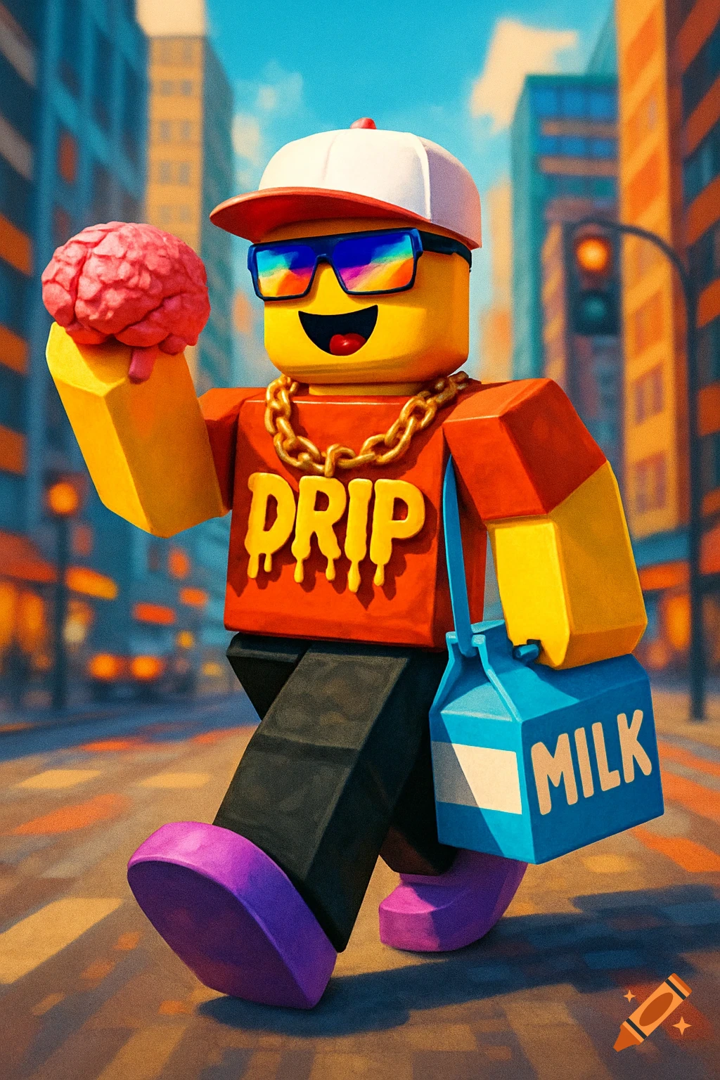 A Roblox-style character in rainbow sunglasses, a gold chain, and purple shoes walks through a city, holding a brain and a 'MILK' bag.