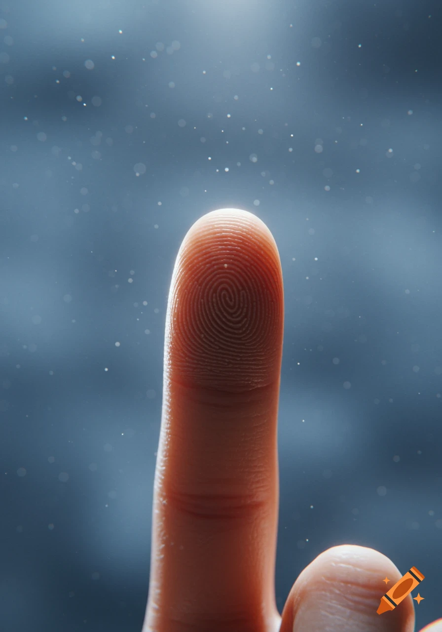 A detailed, illuminated close-up of a human finger, showcasing the intricate whorls of a fingerprint against a dark, dusty background.