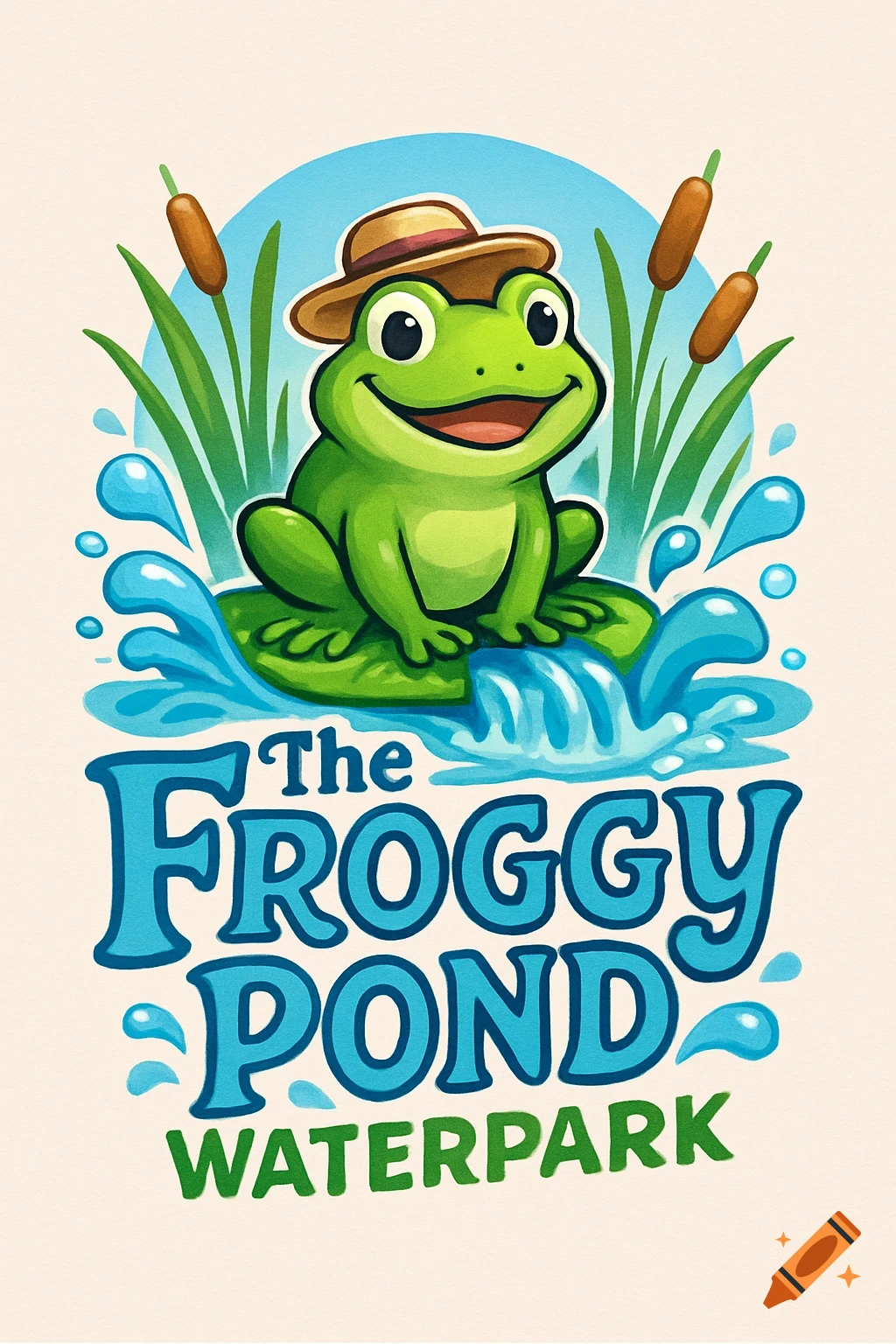 Cartoon logo of a green frog wearing a straw hat on a lily pad with splashing water and cattails, above text 'The Froggy Pond Waterpark'.