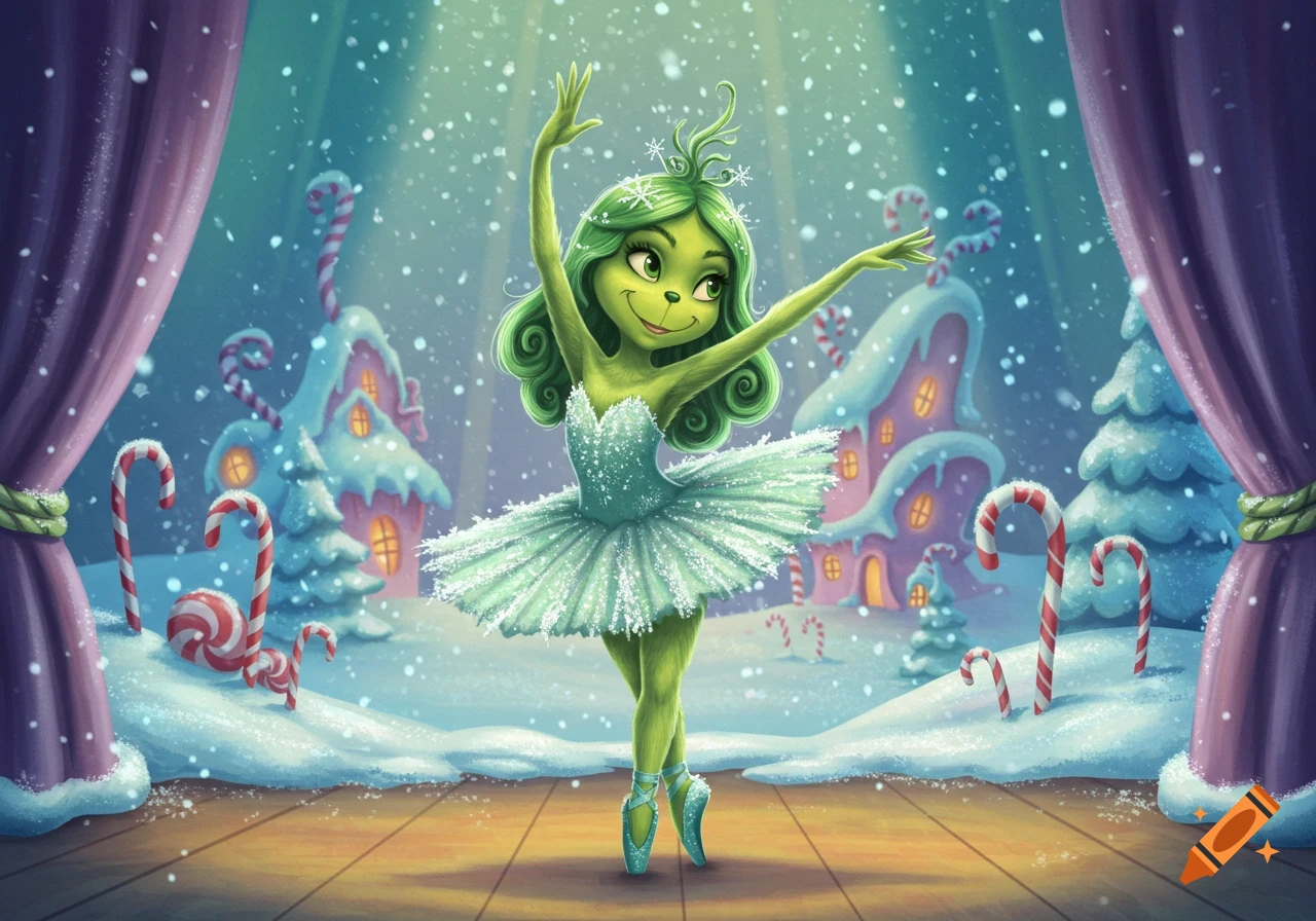 A cute, green, female Grinch-like character in a sparkly teal ballerina costume dances on a stage with a snowy Christmas village background.