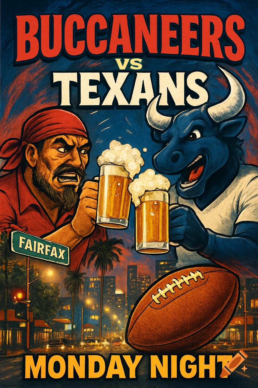 Vintage-style poster for 'Buccaneers vs Texans Monday Night' football, with mascots, beer, football, and cityscape.
