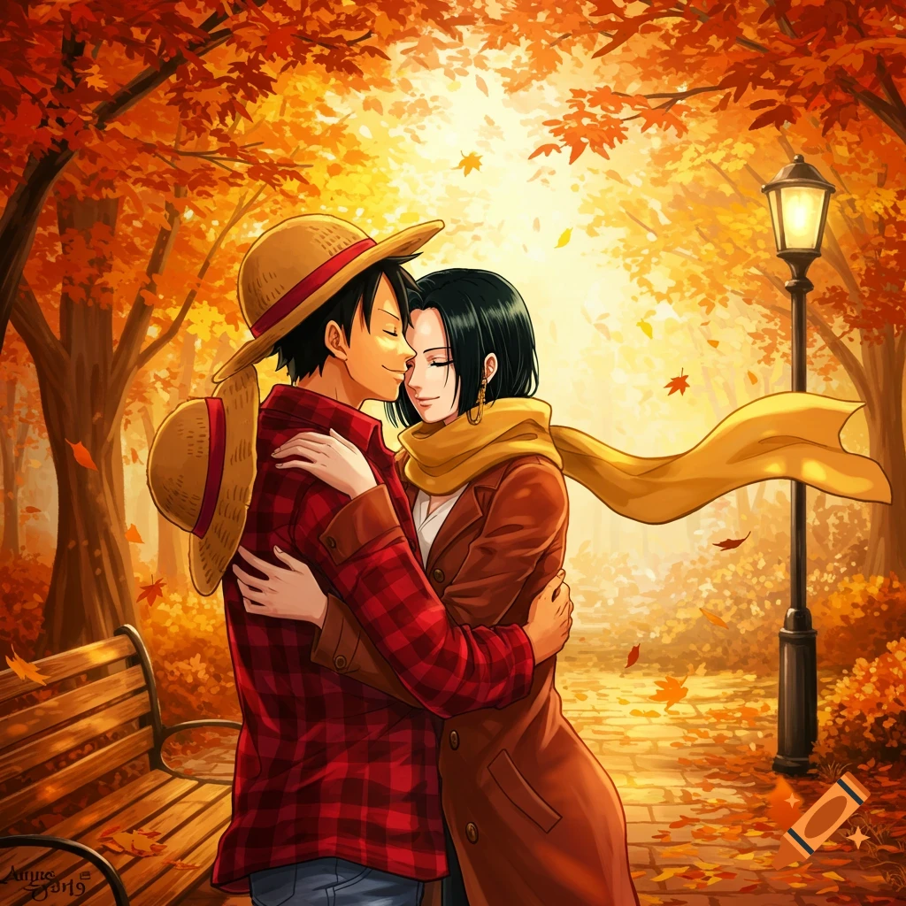 Anime illustration of Luffy and Hancock embracing in a sunlit autumn park with orange leaves and a lamppost.