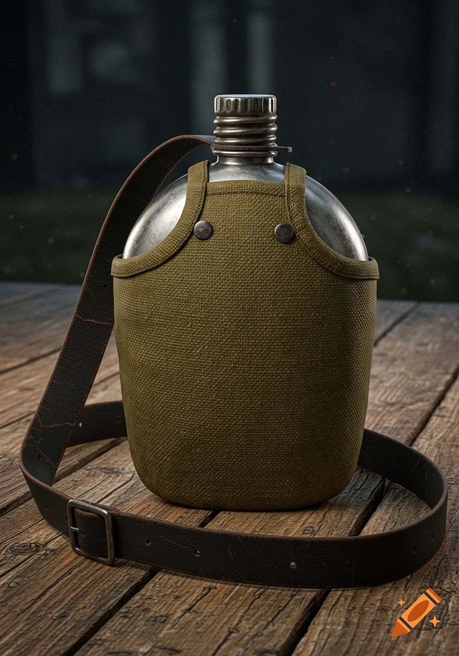 A photorealistic close-up of a vintage metal canteen with a green canvas cover and a black leather strap, resting on a wooden surface.