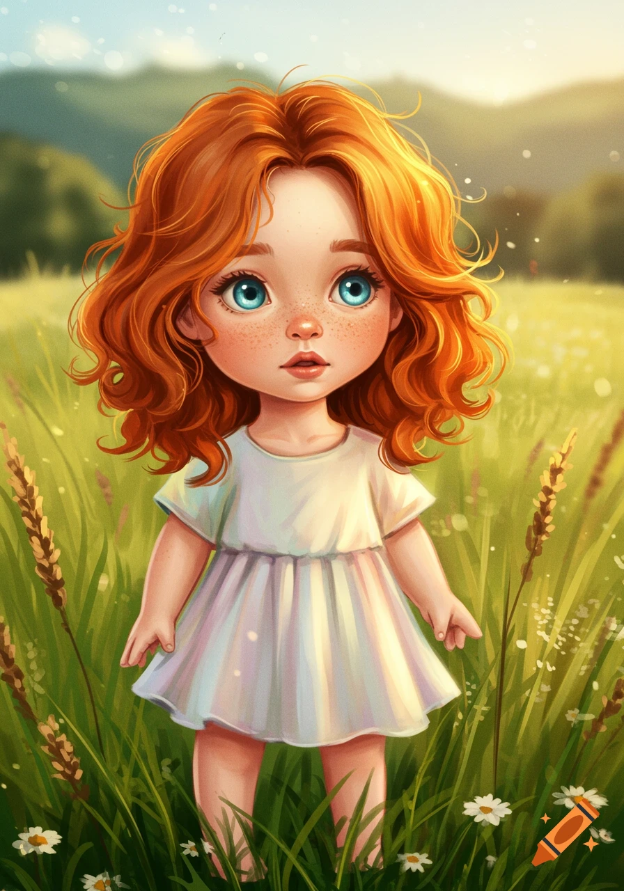 A cute, pale, ginger cartoon girl with freckles and blue eyes stands in a sunny, grassy field with white flowers.