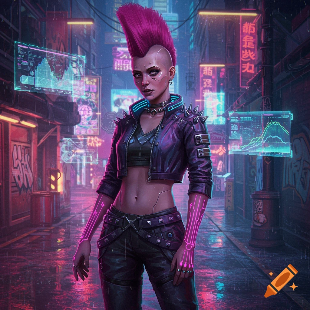 A cyberpunk woman with a pink mohawk and glowing arm tattoos stands in a neon-lit futuristic city street at night, with holographic displays.