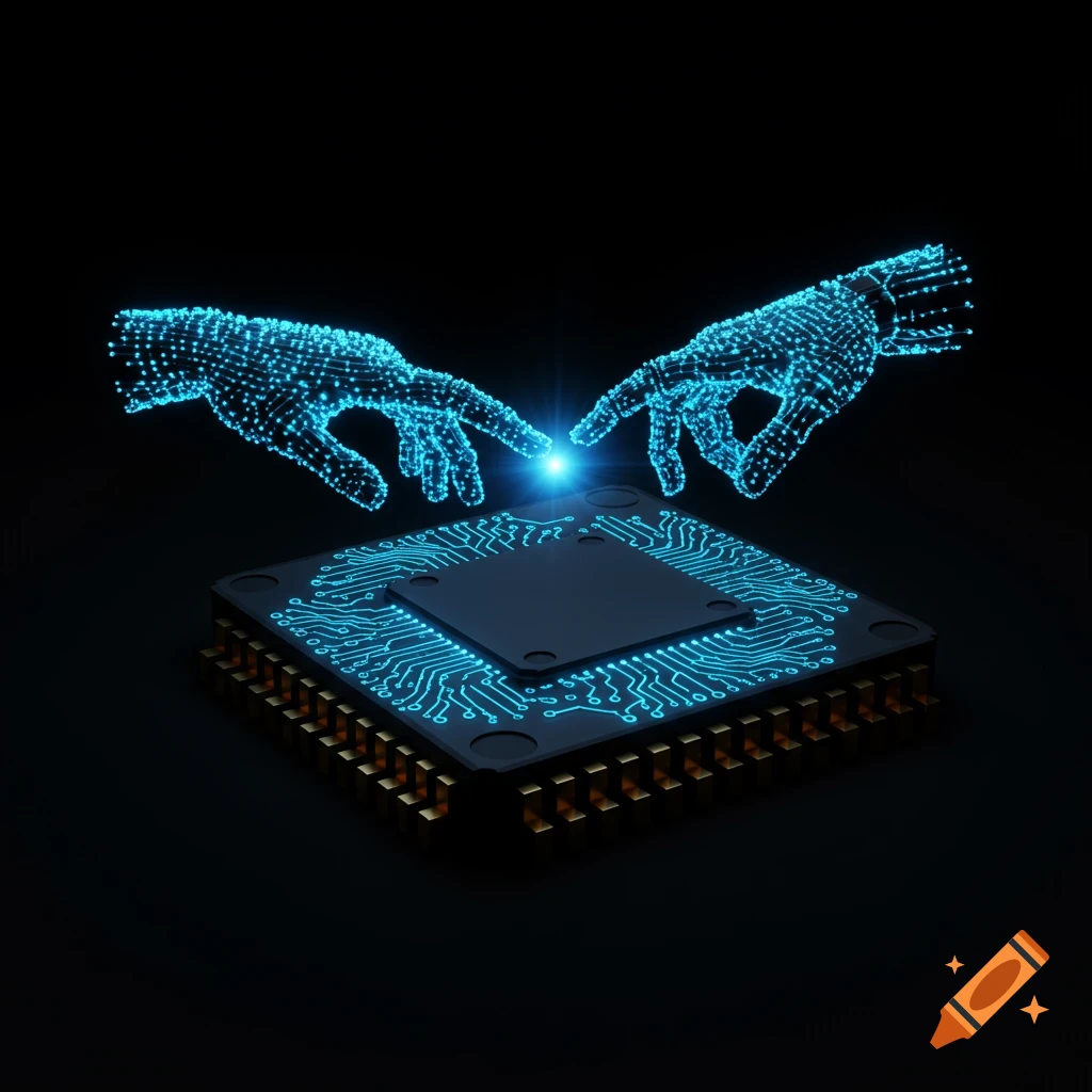 Two glowing blue pixelated hands reach towards each other over a black microprocessor with glowing blue circuit lines, connecting with a bright light in the center.