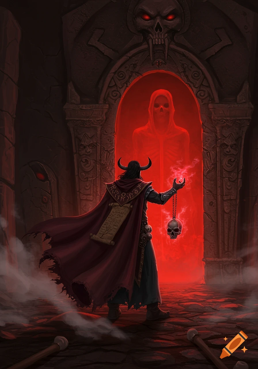 A dark fantasy illustration of a horned mage in a red cape holding a skull pendant before a glowing red archway with a spectral figure.