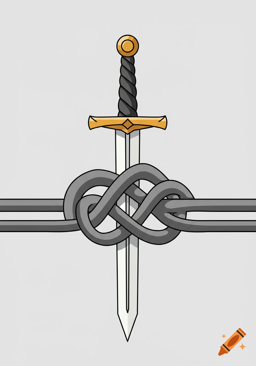 A stylized clip art image of a sword piercing through a complex Gordian knot against a light background.