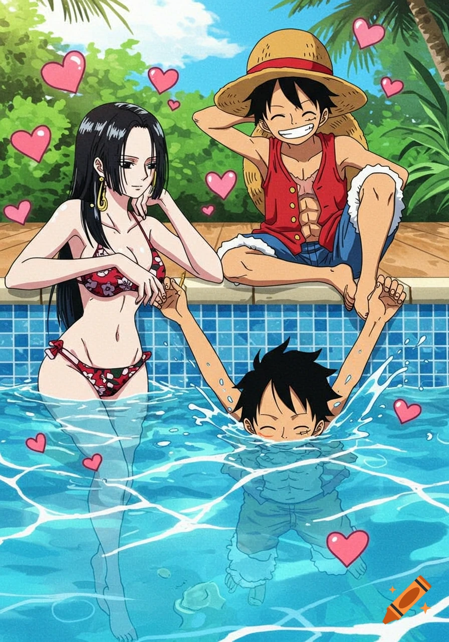 Anime characters Luffy and Hancock by a pool. Luffy sits on the edge, Hancock in a red bikini stands in the water, with floating hearts.
