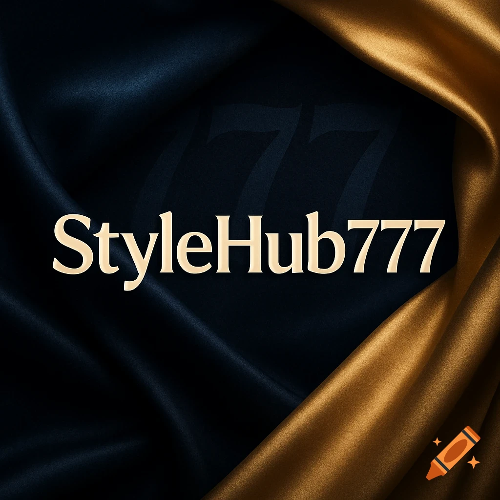 Golden 'StyleHub777' text on a dark blue and gold silk fabric background.