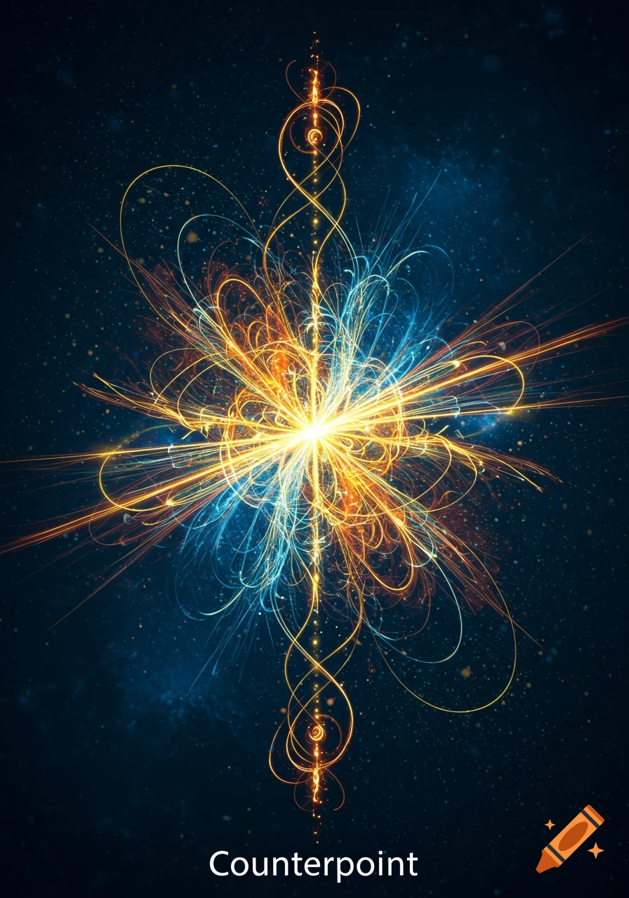 Abstract explosion of bright orange and blue light, intricate glowing lines, dark starry background, 'Counterpoint' text.