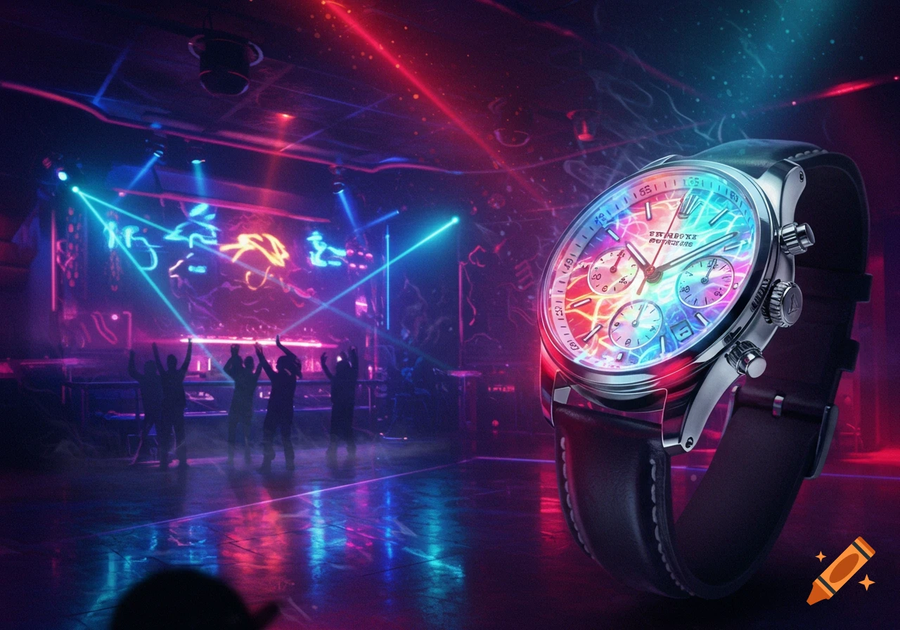 A vibrant, neon-lit chronograph wristwatch with a colorful dial against a blurred nightclub background with silhouetted dancers.