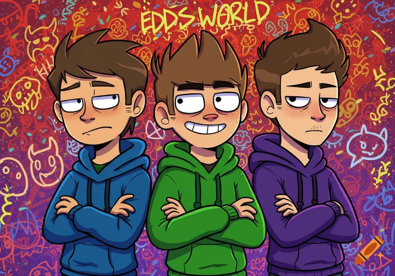 Three cartoon male characters in hoodies, central one smiling, against a vibrant graffiti background with 'EDDSWORLD' text.