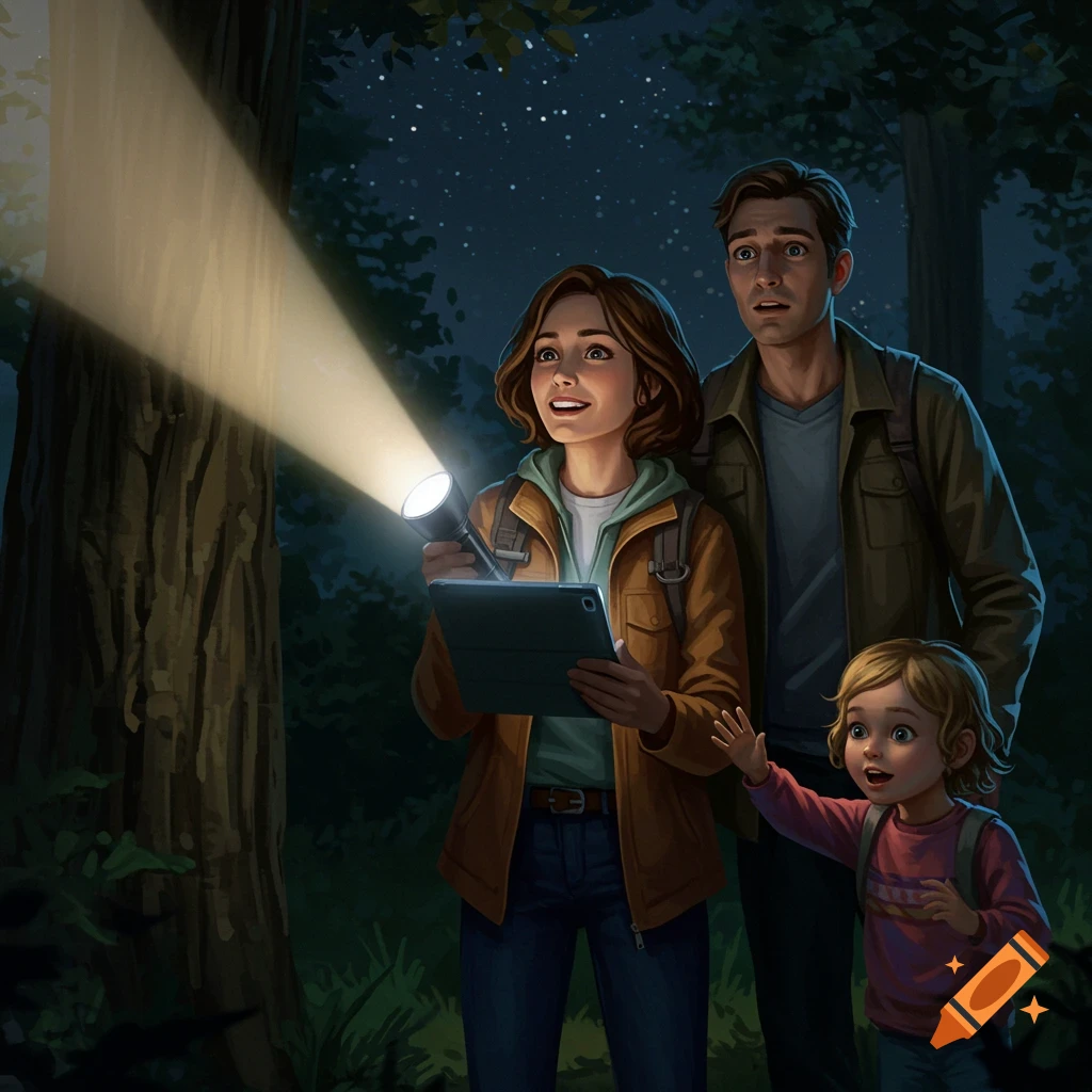 A family, a woman, man, and young child, explore a dark forest at night. The woman shines a flashlight into the trees while holding a tablet.