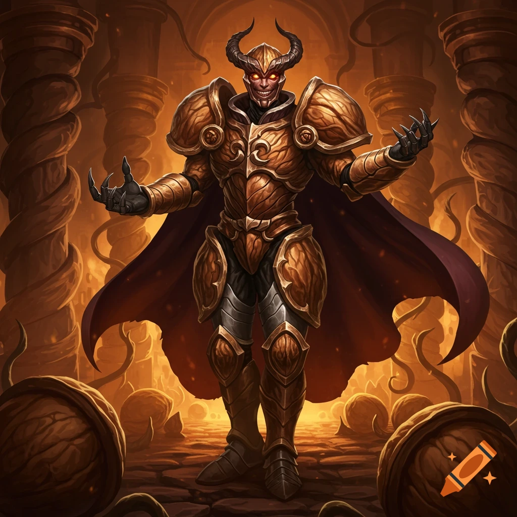 A horned, red-eyed devil-like figure in ornate golden armor and a cape stands menacingly in a fiery cavern.