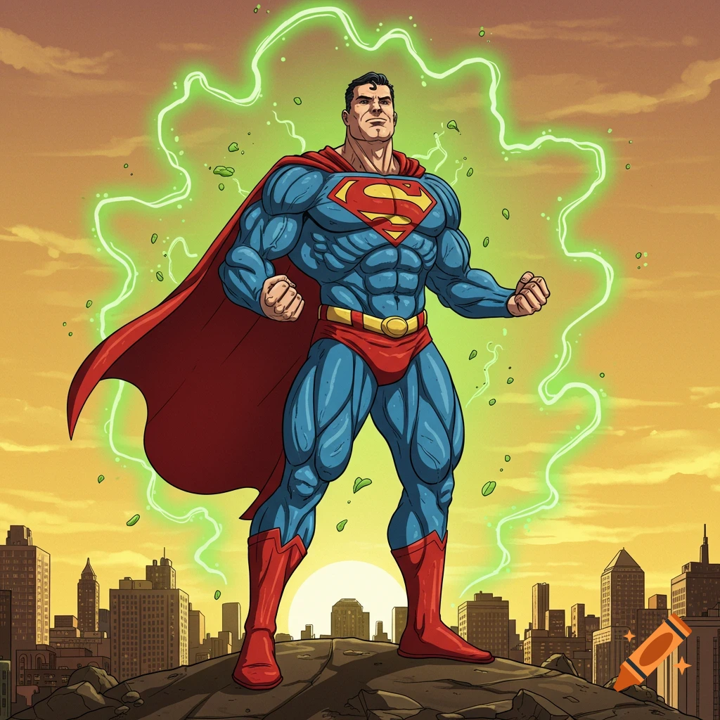 Superman in his classic suit flexing on a rooftop, surrounded by green energy, with a city skyline and orange sky in the background.