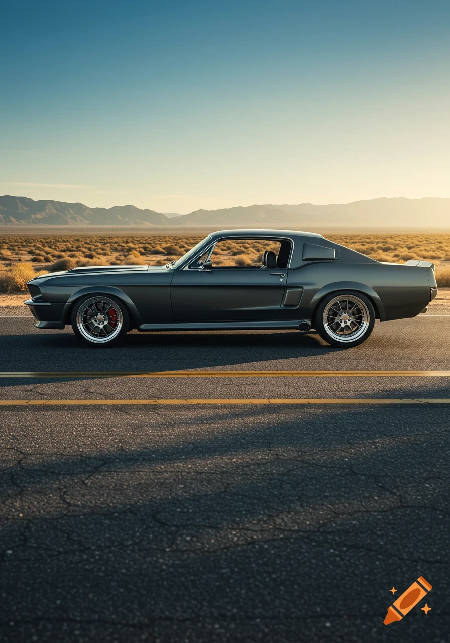 Photorealistic side view of a dark gray 1967 Ford Mustang Eleanor on a desert road at golden hour with mountains in the background.