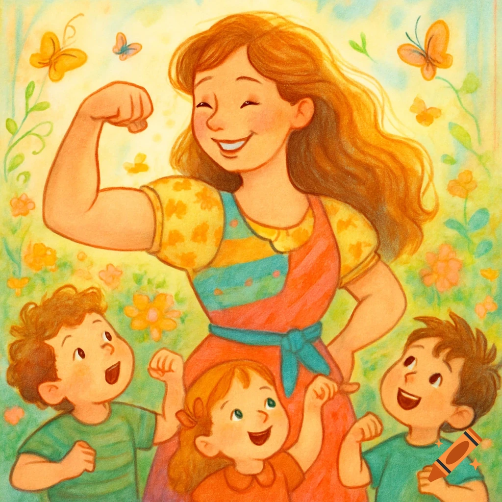 A smiling mother flexes her bicep as three happy children mimic her in a bright, colorful, illustrated field.