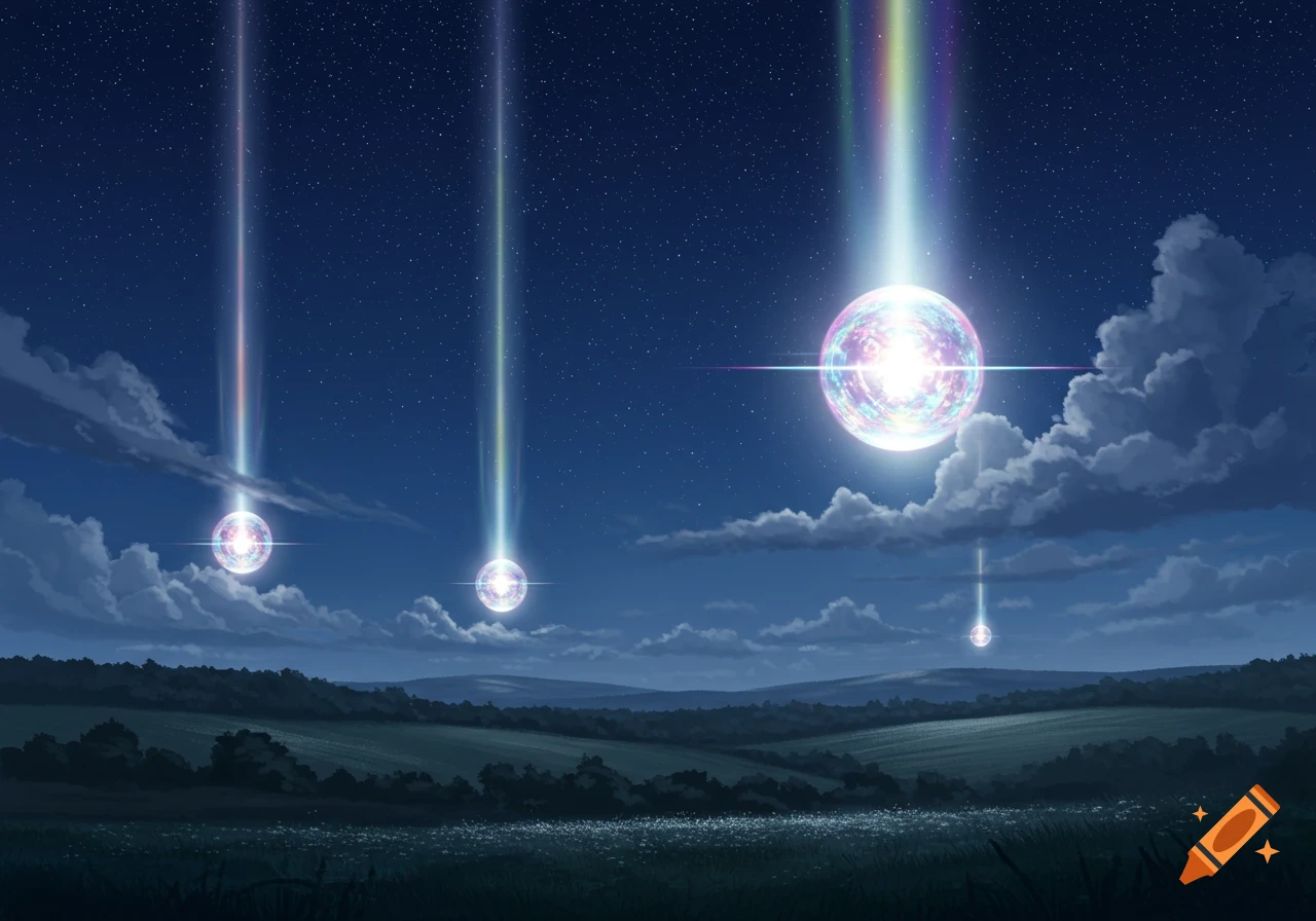 A serene night landscape with multiple vibrant, glowing orbs descending from the starry sky, leaving colorful light trails.