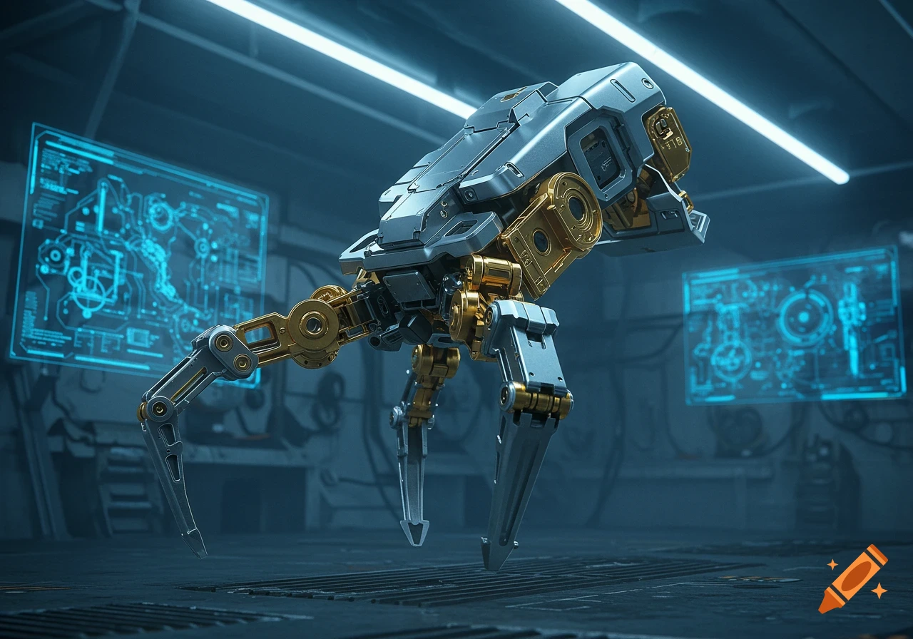 A futuristic bipedal robot with silver and gold plating stands in a dim, high-tech lab with glowing blue screens.