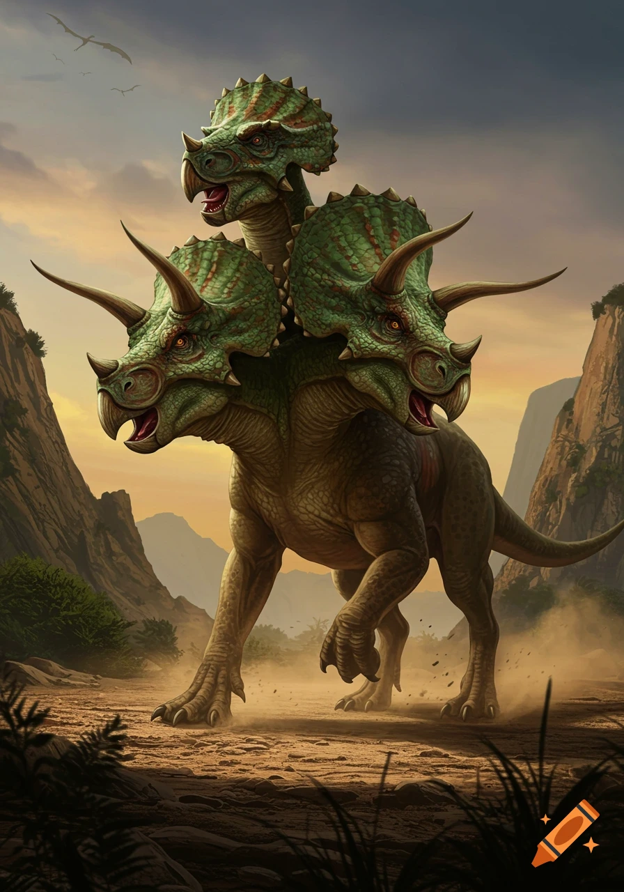 A three-headed dinosaur, resembling a Triceratops, walks through a dusty, rocky prehistoric landscape at sunset. Digital art.