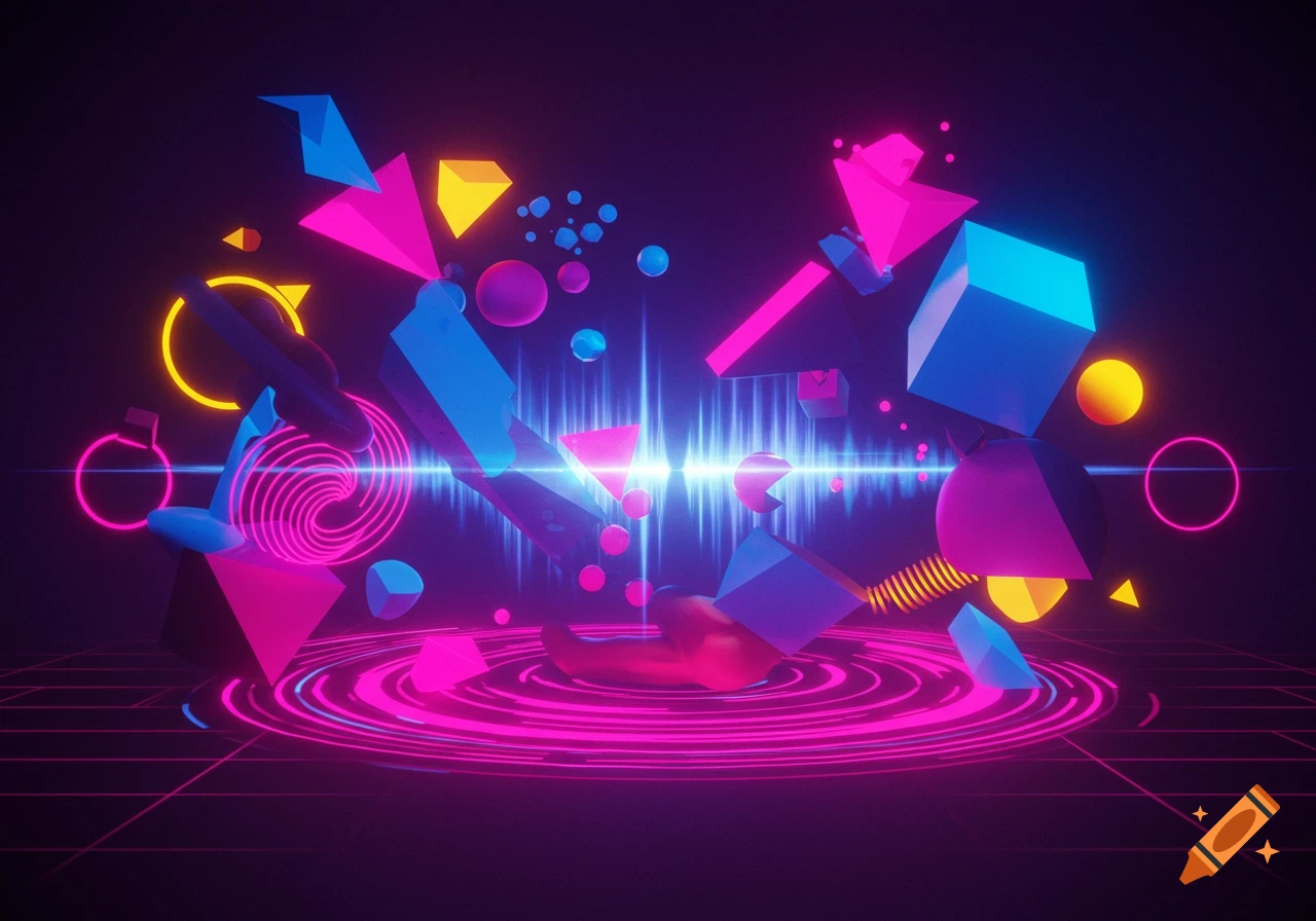 Vibrant abstract art with glowing neon pink, blue, and yellow geometric shapes, lines, and light trails on a dark background.