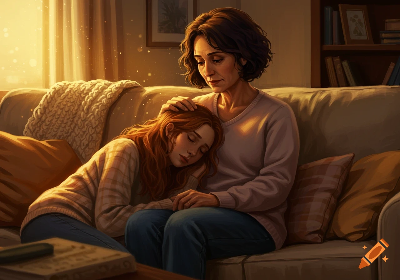 Mother comforts her daughter, who rests her head on her lap, on a couch bathed in warm light, digital illustration.