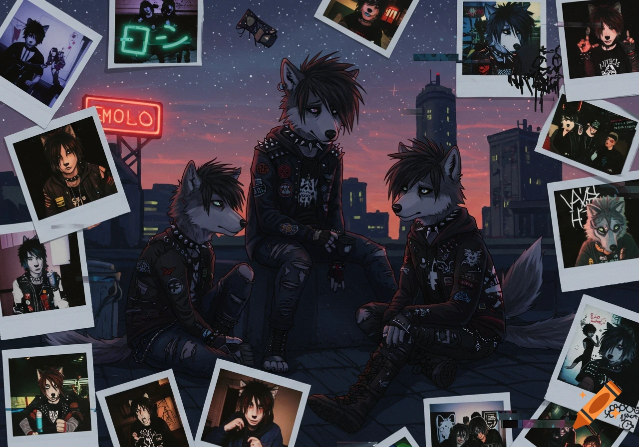 Three emo wolf characters in punk outfits sit on a rooftop at sunset, surrounded by scattered polaroid photos.