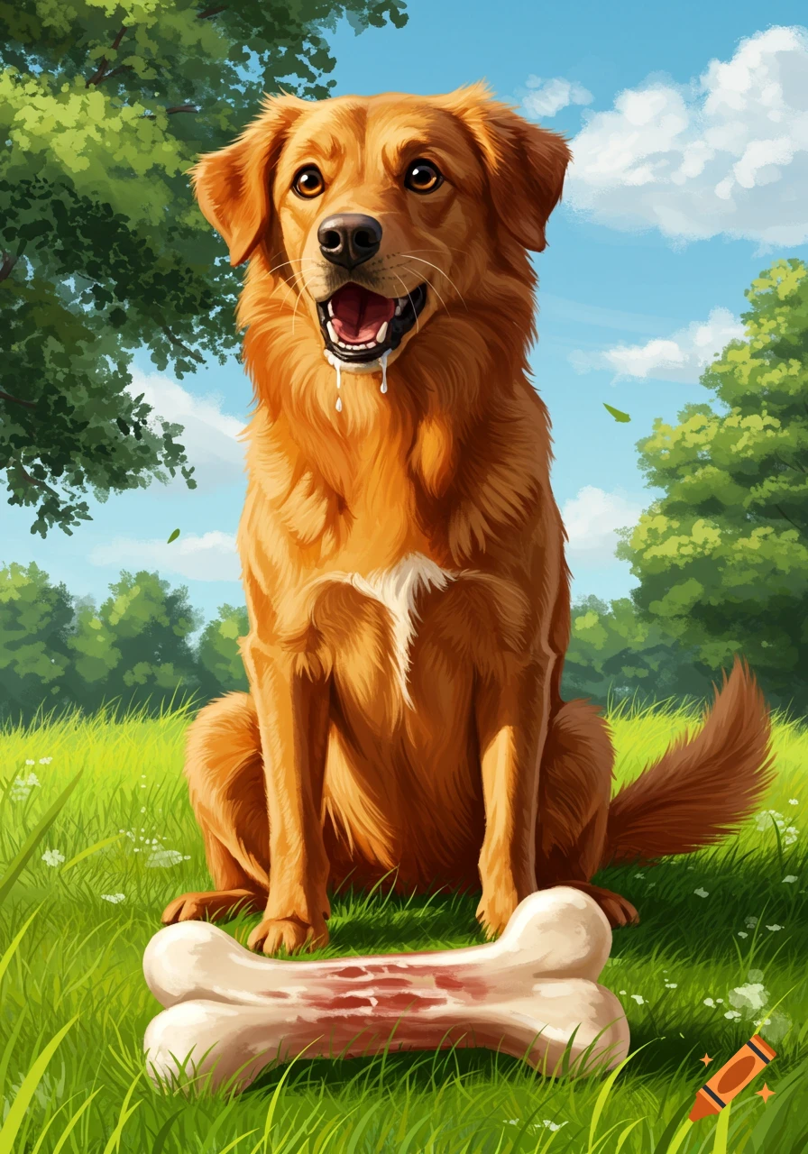 Illustrative ginger dog sitting in a grassy field with a bone, drooling with a happy expression.
