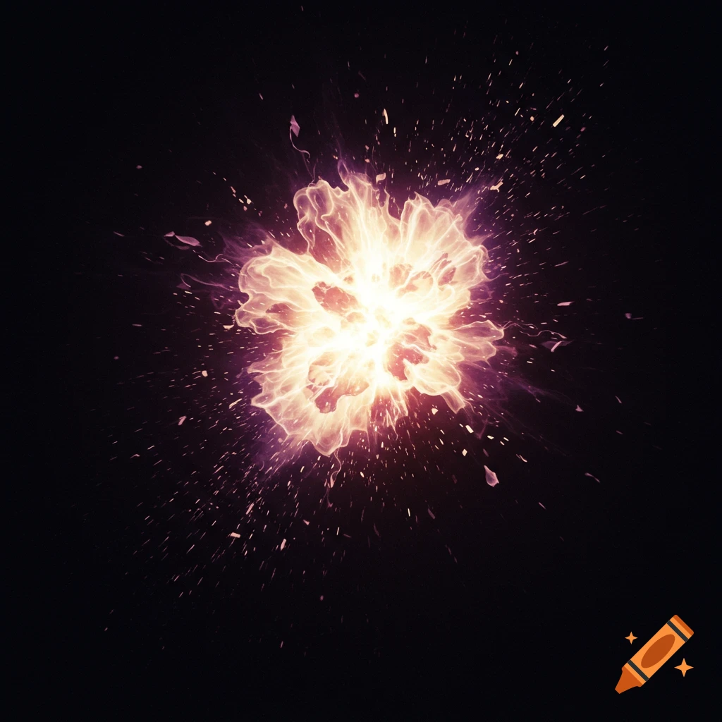 A bright, distorted ivory and purple light flash bursting against a dark background.