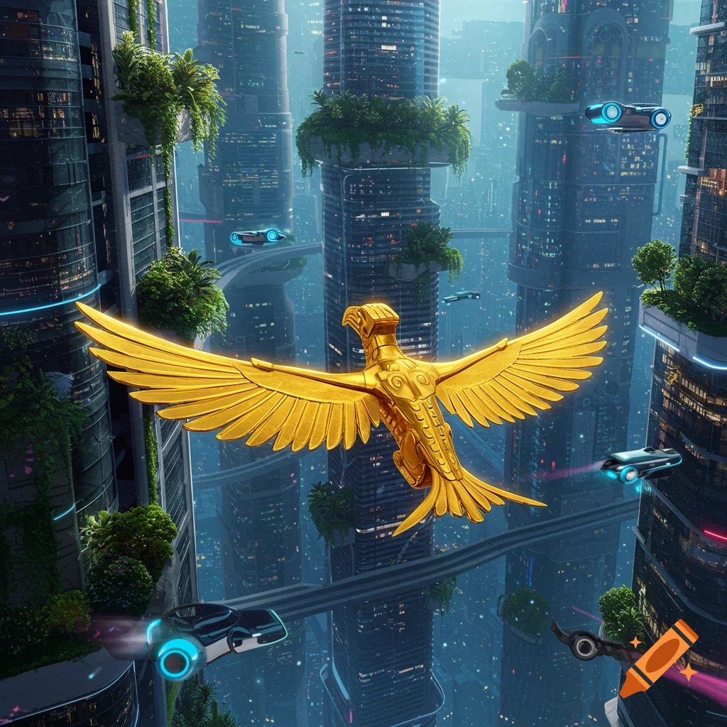 A golden bird-like artifact soars above a vibrant, futuristic city with towering skyscrapers, vertical gardens, and flying cars.
