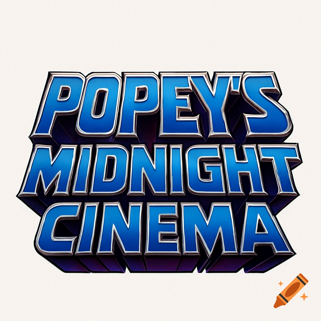 A retro-style logo for "Popey's Midnight Cinema" with bold blue 3D block letters, silver outlines, and a purple shadow.